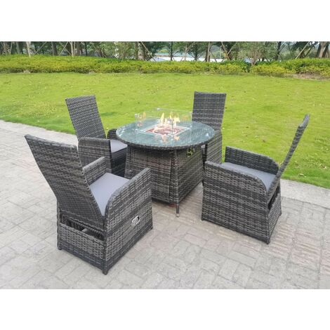 Rattan Outdoor Garden Furniture Gas Fire Pit Dining Table Gas Heater Burner Reclining Table And Chair Sets 4 Seater Plus Round Table