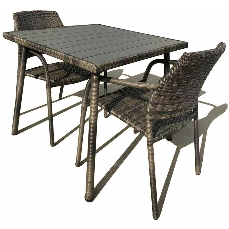 Rattan Patio Dining Set w Stackable Chair - 84L x 84W x 74H cm for 2 seater - Grey