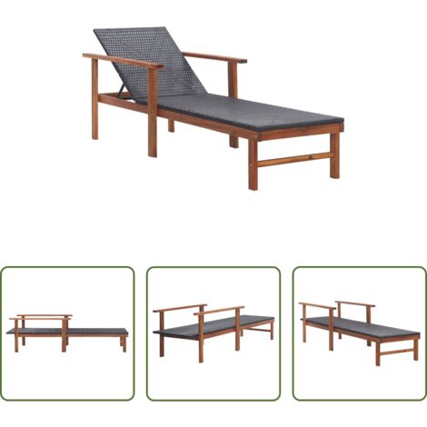 Rattan PE -  Lettino Prendisole Polyrattan e Legno Massello di Acacia Nero