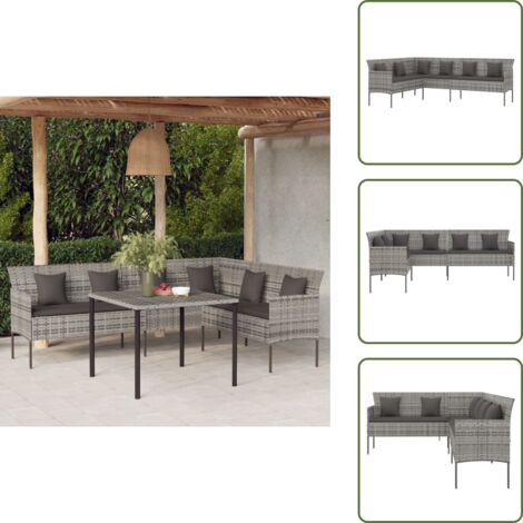 Rattan PE - vidaXL Divano da Giardino a L con Cuscini Grigio in Polyrattan - Acciaio verniciato