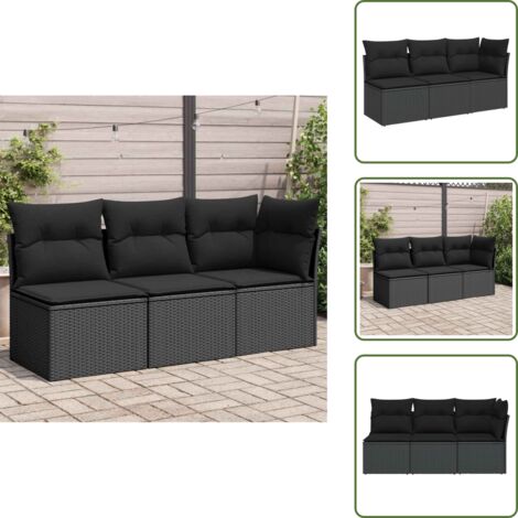 Rattan PE - vidaXL Divano da giardino con cuscini 3 posti nero in polyrattan - Mobili da esterno