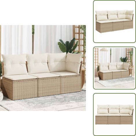 Rattan PE - vidaXL Divano da Giardino con Cuscini a 3 Posti Beige in Polyrattan - Cuscino sfoderabile