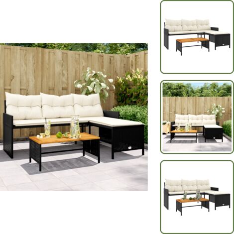 Rattan PE - vidaXL Divano da Giardino con Tavolo e Cuscini a L Nero in Polyrattan - Acciaio verniciato