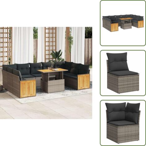 Rattan PE - vidaXL Divano Giardino 10 pz con Cuscini Grigio in Polyrattan Acacia - Poltrone da giardino