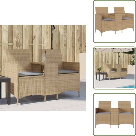 Rattan PE - vidaXL Divano Giardino 2 Posti con Tavolo e Cuscini Beige Polyrattan - Cuscino sfoderabile