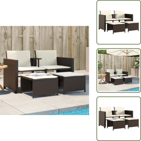 Rattan PE - vidaXL Divano Giardino 2Posti con Tavolo e Sgabelli Marrone Polyrattan - Divano da esterno