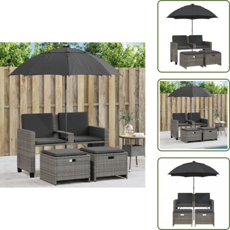 Rattan PE - vidaXL Divano Giardino 2Posti Ombrellone e Sgabelli Grigio Polyrattan - Acciaio verniciato