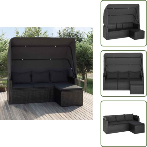 Rattan PE - vidaXL Divano Giardino 3 Posti con Tetto e Poggiapiedi Nero Polyrattan - Copertura impermeabile