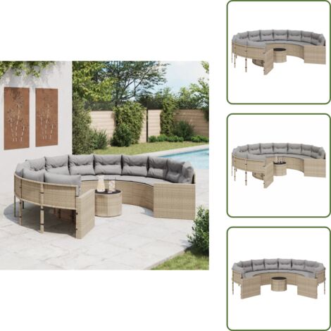 Rattan PE - vidaXL Divano Giardino con Tavolo e Cuscini Circolare Beige Polyrattan - Acciaio verniciato