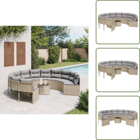 Rattan PE - vidaXL Divano Giardino con Tavolo e Cuscini Circolare Beige Polyrattan - Acciaio verniciato