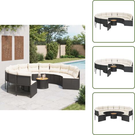 Rattan PE - vidaXL Divano Giardino con Tavolo e Cuscini Circolare Nero Polyrattan - Acciaio verniciato