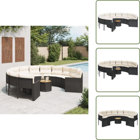 Rattan PE - vidaXL Divano Giardino con Tavolo e Cuscini Circolare Nero Polyrattan - Acciaio verniciato