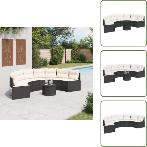 Rattan PE - vidaXL Divano Giardino Tavolo e Cuscini Semicircolare Nero Polyrattan - Acciaio verniciato