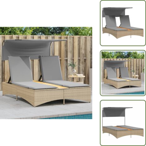 Rattan PE - vidaXL Lettino Doppio con Baldacchino e Cuscini Beige Misto Polyrattan - Schienale regolabile