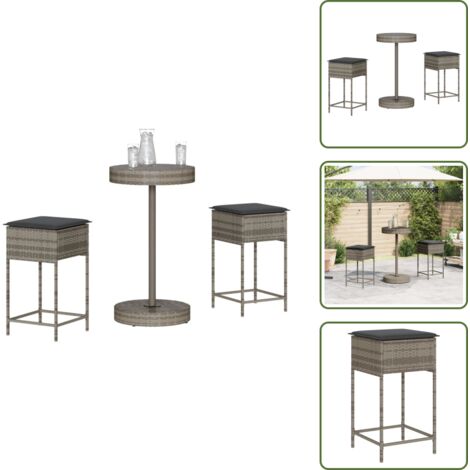 Rattan PE - vidaXL Set Bar da Giardino 3pz con Cuscini Grigio in Polyrattan - Acciaio verniciato
