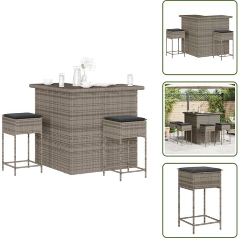 Rattan PE - vidaXL Set Bar da Giardino 3pz con Cuscini Grigio in Polyrattan - Tavolo da giardino