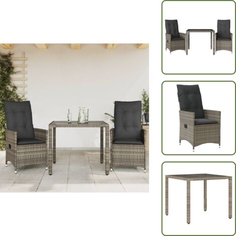 Rattan PE - vidaXL Set da Bistrò 3 pz con Cuscini Grigio in Polyrattan - Vetro temperato