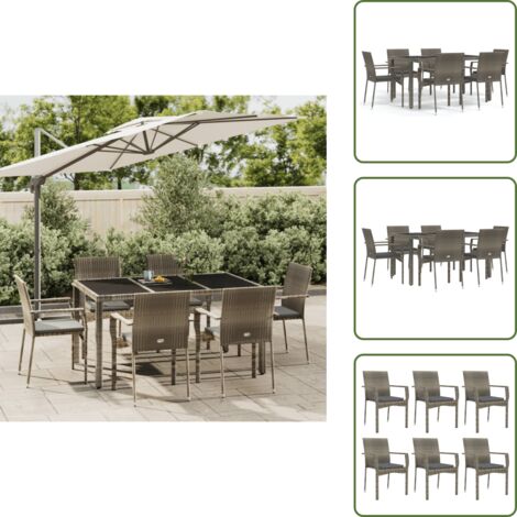 Rattan PE - vidaXL Set da Pranzo da Giardino 7 pz con Cuscini in Polyrattan Grigio - Acciaio verniciato