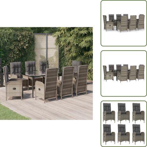 Rattan PE - vidaXL Set da Pranzo Giardino 9pz con Cuscini Nero e Grigio Polyrattan - Acciaio verniciato