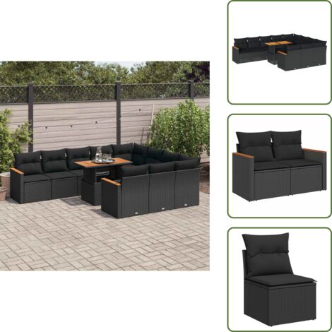 Rattan PE - vidaXL Set Divani da Giardino 11 pz con Cuscini Polyrattan Acacia Nero - Copertura impermeabile