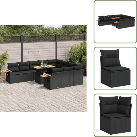 Rattan PE - vidaXL Set Divani da Giardino 11 pz con Cuscini Polyrattan Acacia Nero - Poltrone da giardino