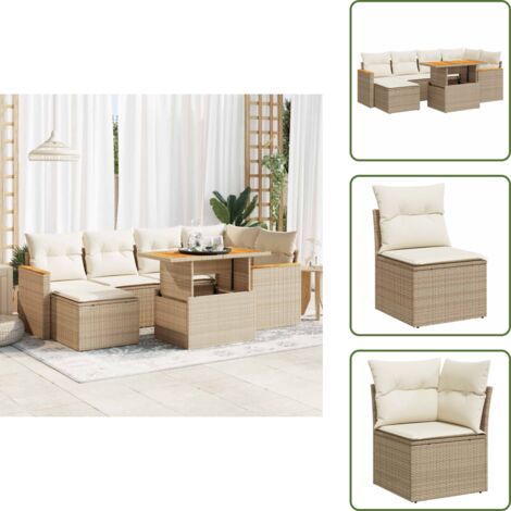 Rattan PE - vidaXL Set Divani da Giardino 7 pz con Cuscini Beige Polyrattan Acacia - Copertura impermeabile