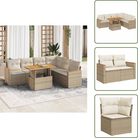 Rattan PE - vidaXL Set Divani da Giardino 7 pz con Cuscini Beige Polyrattan Acacia - Copertura impermeabile