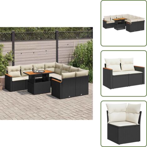 Rattan PE - vidaXL Set Divani da Giardino 9 pz con Cuscini Nero Polyrattan Acacia - Copertura impermeabile