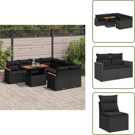 Rattan PE - vidaXL Set Divani da Giardino 9 pz con Cuscini Nero Polyrattan Acacia - Copertura impermeabile