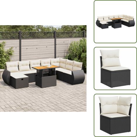 Rattan PE - vidaXL Set Divani da Giardino 9 pz con Cuscini Nero Polyrattan Acacia - Poltrone da giardino
