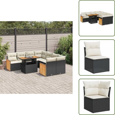 Rattan PE - vidaXL Set Divani da Giardino 9 pz con Cuscini Nero Polyrattan Acacia - Poltrone da giardino