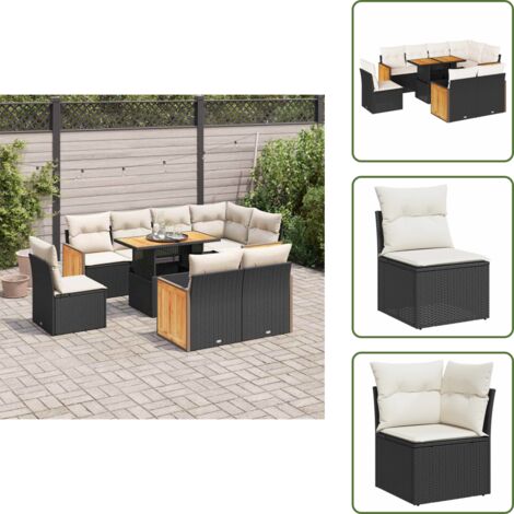 Rattan PE - vidaXL Set Divani da Giardino 9 pz con Cuscini Nero Polyrattan Acacia - Poltrone da giardino