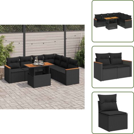 Rattan PE - vidaXL Set Divani da Giardino con Cuscini 7pz Nero Polyrattan Acacia - Copertura impermeabile