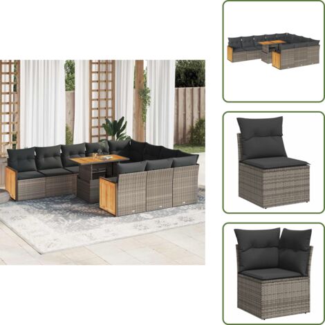 Rattan PE - vidaXL Set Divani Giardino 11 pz con Cuscini Polyrattan Acacia Grigio - Copertura impermeabile