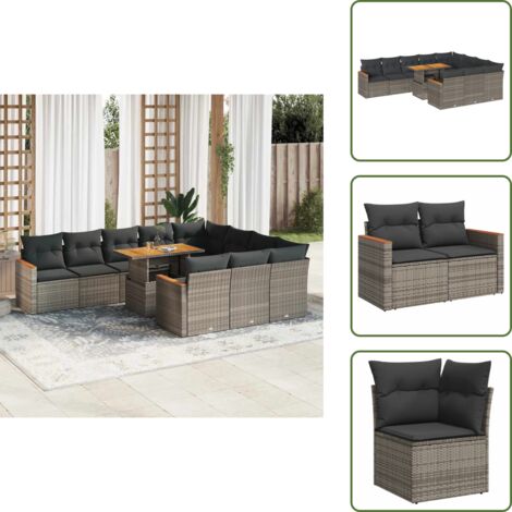 Rattan PE - vidaXL Set Divani Giardino 11 pz con Cuscini Polyrattan Acacia Grigio - Mobili da giardino