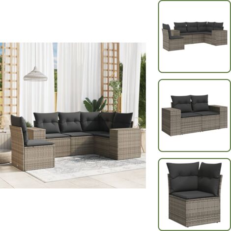 Rattan PE - vidaXL Set Divano da Giardino 5 pz con Cuscini Grigio in Polyrattan - Poltrona da giardino