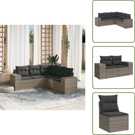Rattan PE - vidaXL Set Divano da Giardino 5 pz con Cuscini Grigio in Polyrattan - Poltrona da giardino