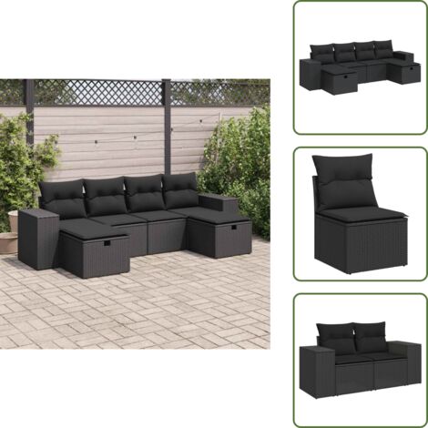 Rattan PE - vidaXL Set Divano da Giardino 6 pz con Cuscini Nero in Polyrattan - Cuscini sfoderabili