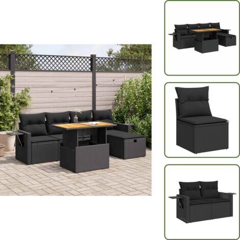 Rattan PE - vidaXL Set Divano da Giardino 6 pz con Cuscini Nero Polyrattan Acacia - Poltrona da giardino