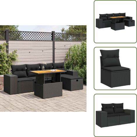 Rattan PE - vidaXL Set Divano da Giardino 6 pz con Cuscini Nero Polyrattan Acacia - Poltrone da giardino