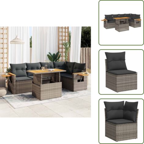 Rattan PE - vidaXL Set Divano da Giardino 6pz con Cuscini Grigio Polyrattan Acacia - Tavolo da giardino