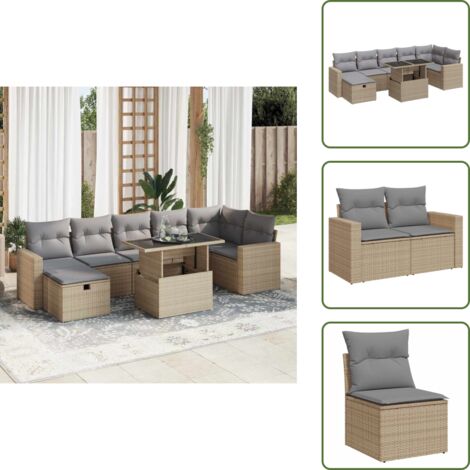 Rattan PE - vidaXL Set Divano da Giardino 8 pz con Cuscini Beige in Polyrattan - Copertura impermeabile