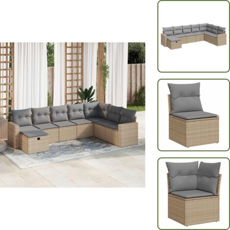 Rattan PE - vidaXL Set Divano da Giardino 8 pz con Cuscini Beige in Polyrattan - Cuscini sfoderabili