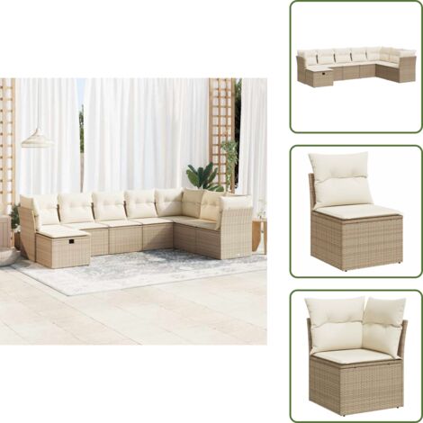 Rattan PE - vidaXL Set Divano da Giardino 8 pz con Cuscini Beige in Polyrattan - Cuscini sfoderabili