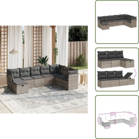 Rattan PE - vidaXL Set Divano da Giardino 8pz con Cuscini Grigio Chiaro Polyrattan - Acciaio verniciato