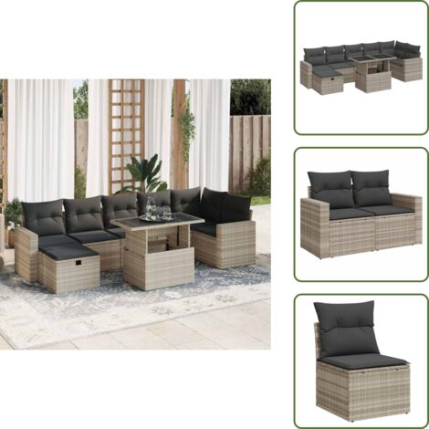 Rattan PE - vidaXL Set Divano da Giardino 8pz con Cuscini Grigio Chiaro Polyrattan - Copertura impermeabile