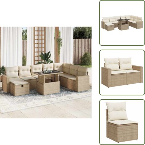 Rattan PE - vidaXL Set Divano da Giardino 9 pz con Cuscini Beige in Polyrattan - Copertura impermeabile