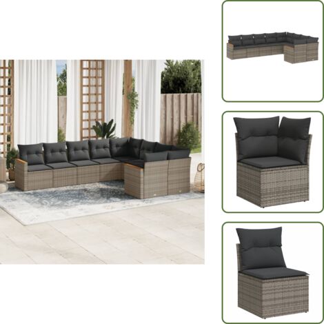 Rattan PE - vidaXL Set Divano da Giardino 9 pz con Cuscini Grigio in Polyrattan - Poltrona da giardino