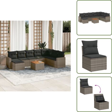 Rattan PE - vidaXL Set Divano da Giardino 9 pz con Cuscini Grigio in Polyrattan - Poltrona da giardino