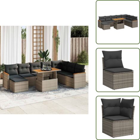 Rattan PE - vidaXL Set Divano da Giardino 9pz con Cuscini Grigio Polyrattan Acacia - Copertura impermeabile